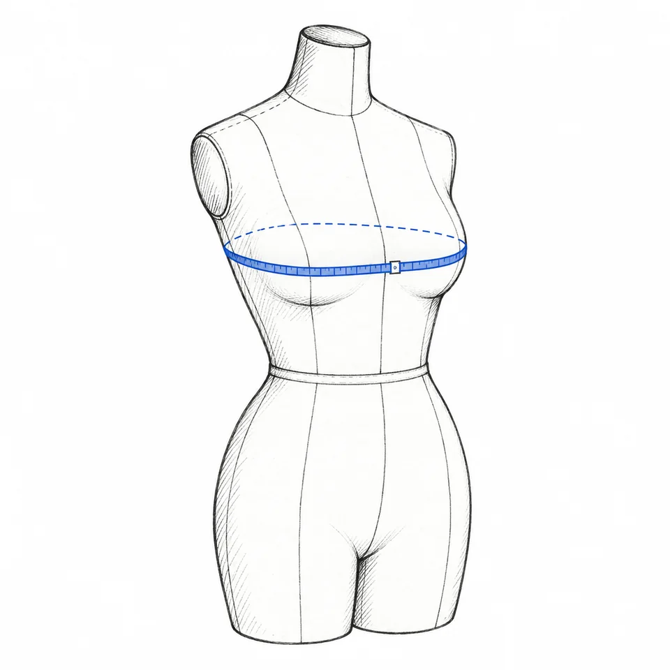 Rheo’s bust measurement guide showing tape placement around the fullest part of the bust