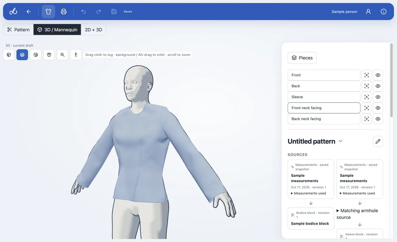 Rheo’s 3D studio showing a long-sleeved blouse on a mannequin, with pattern pieces and saved sources in the inspector