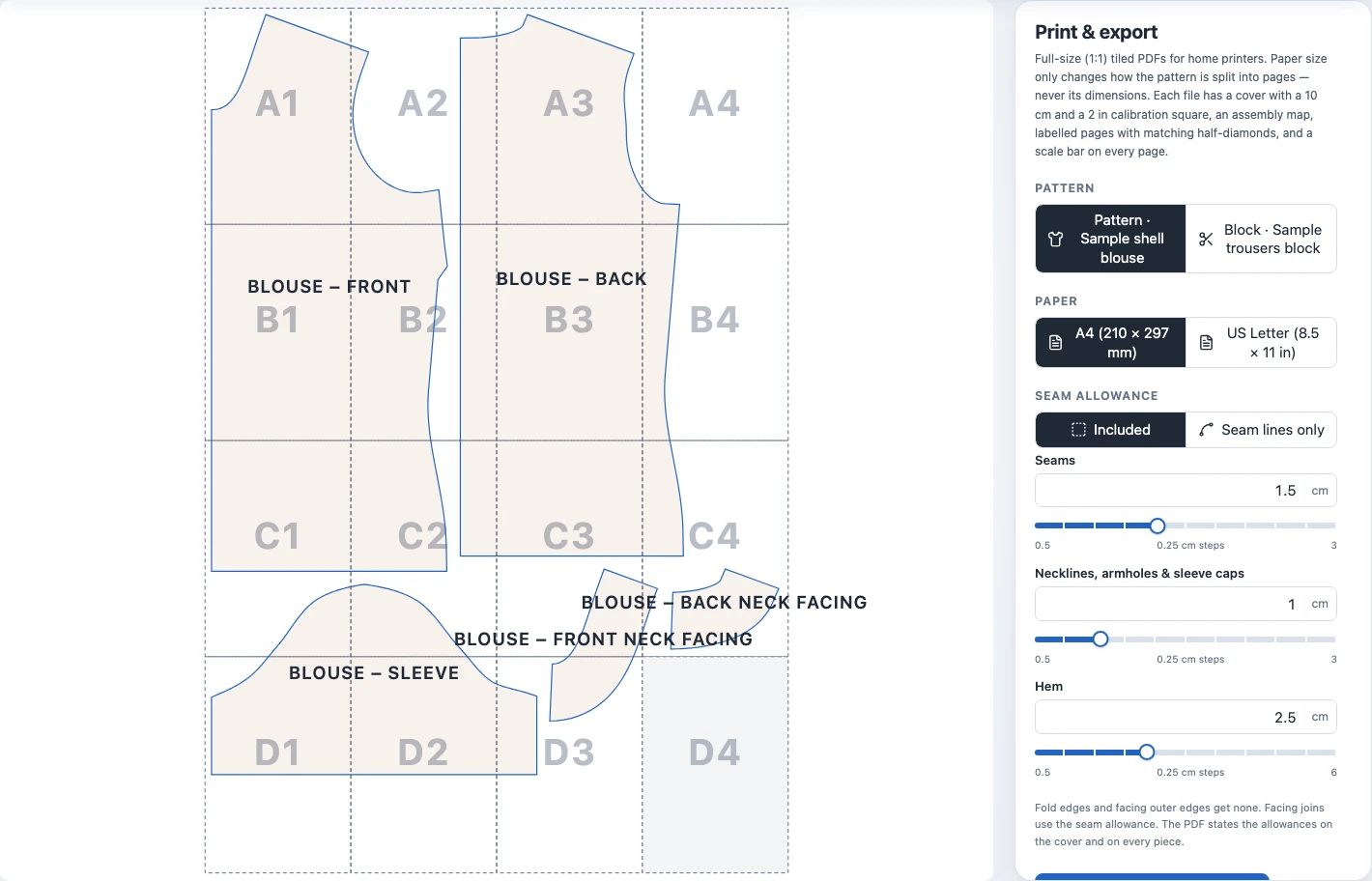 Rheo’s print and export view with an actual pattern tile map, A4 and US Letter options, and seam allowance controls