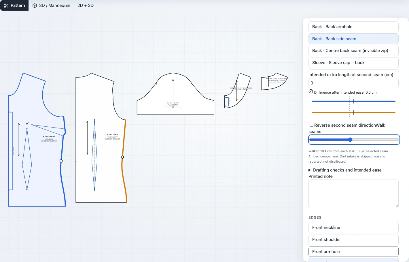 Rheo’s pattern inspector comparing two sewing lines, showing dart intake and the seam-walking control